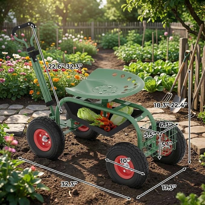Garden Scooter Rolling Work Seat, 360° Swivel Heavy Duty Garden Cart with 10-Inch All-Terrain Inflatable Tires, Extendable Steering Handle & Metal Tool Tray for Planting, Weeding, Yard Work