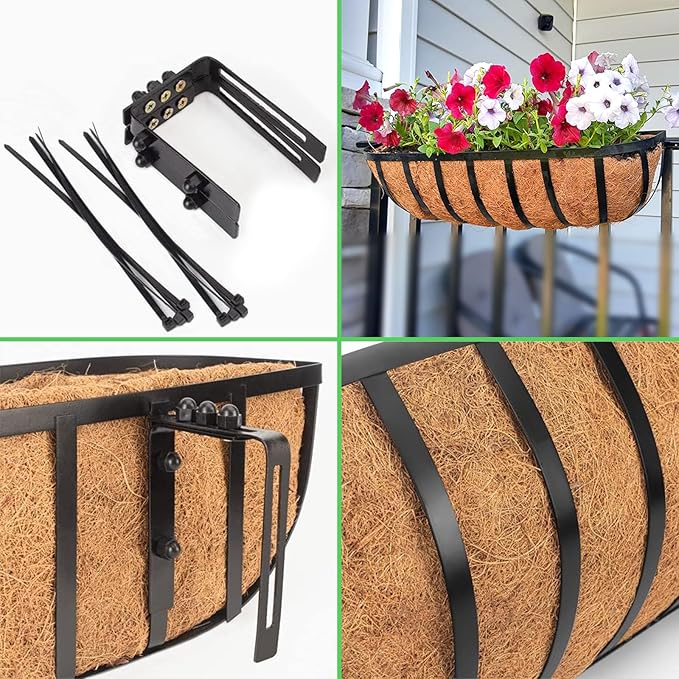LCHUANG Railing Planter Window Box - 2 Pack 24 Inch Deck Balcony Rail Planter with Coconut Coir Liner, Fence Metal Hanging Flower Basket Deck Railing Planter Boxes for Outdoor Garden