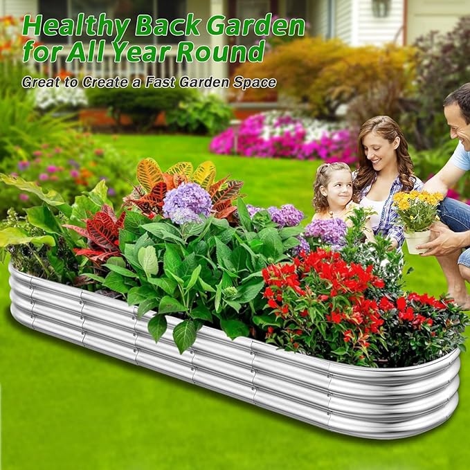 RAYKEEP Galvanized Raised Garden Beds, 8x2x1ft Outdoor Raised Garden Boxes, Oval Large Bottomless Metal Elevated Garden Bed Planter Box for Vegetables, Fruits, Flower