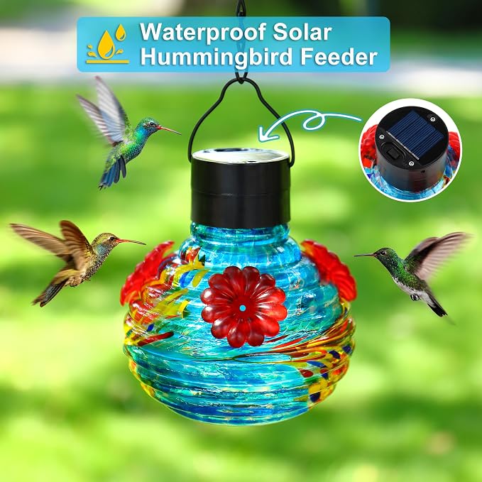 VOREEN Hand Blown Glass Solar Hummingbird Feeder for Outdoor Garden, Waterproof 17oz Hanging Feeder with Colorful Tail Pattern & LED Light, Daytime Bird Feeder & Night Decorative Lantern