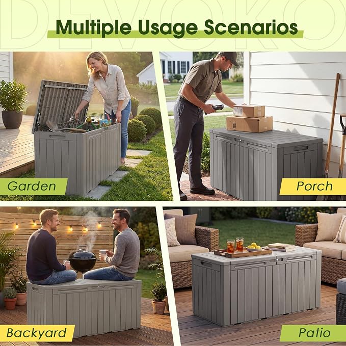 Devoko 100 Gallon Outdoor Storage Box, Waterproof Resin Deck Box for Patio Furniture, Lockable Container for Garden Cushions & Pool Supplies (Light Brown, 100 Gallon)