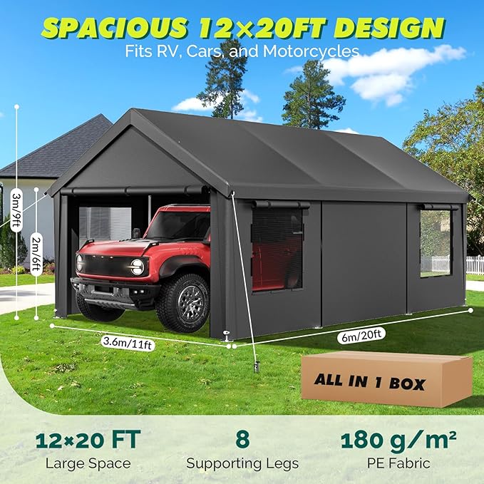 Velway Carport 12x20ft Heavy-Duty Canopy - Portable Garage Metal Carport Featuring Galvanized Frame Waterproof & UV-Protected Tarp with Removable Sidewalls & Doors for Car, Truck, Boat