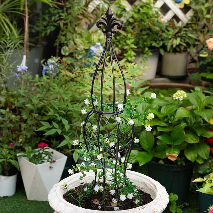 Obelisk Metal Garden Trellis for Climbing Plants - 29.5 in by 6.3 in Durable Iron Structure, Easy Assembly, Perfect for Potted Vines & Roses - Modern Vertical Gardening Support