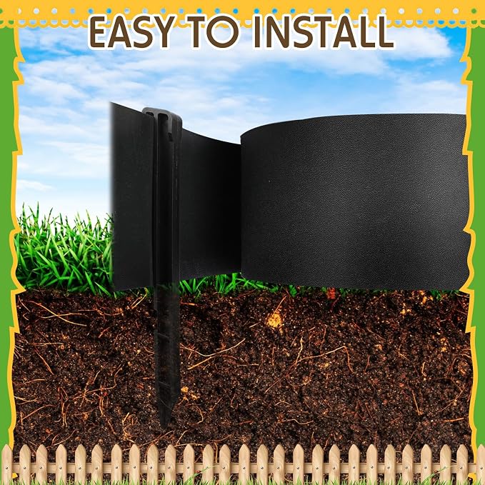 Sasylvia Black Plastic Landscape Edging Coil 5 Inch x 120ft with 40 Stakes 1/10" = 0.1" Inch Thin Bender Board, Garden Liner Flexible and Strengthened with Anti UV for Yard Edging Borders