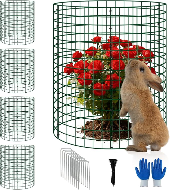 4 Pack Plant Protectors from Animals, 12''x16'' Metal Plant Cages for Outdoor Plants, Garden Plant Protector with Stakes & Zip Ties, Keep Rabbits Squirrels Out, Plant Cage for Flowers Vegetables