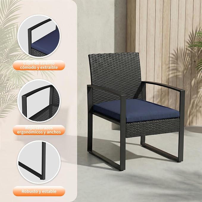 Garvee 3 Pieces Patio Bistro Set, PE Rattan Patio Conversation Set with Tempered Glass Coffee Table, Outdoor Wicker Furniture for Patio Garden Balcony Backyard, Black and Blue