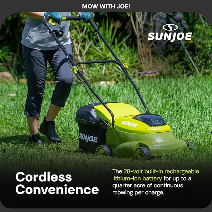 Sun Joe Cordless Electric Push Lawn Mower with 10.6-Gal Bag, 14-Inch Cutting Width, Green - Heavy-Duty Yard Trimmer Machine for Gardening Care and Maintenance, MJ401C-PRO