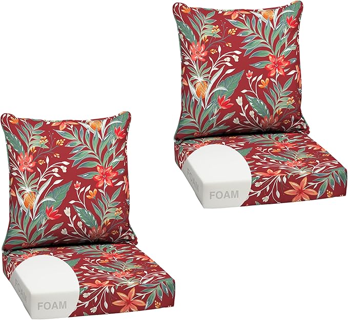Arden earthFIBER Outdoor Foam Deep Seat Cushion (2-Pack), 24x24, Premium High-Density Foam, Never Flattens, Weather-Proof for Patio Chair Sofa Couch, Luau Red Tropical Floral