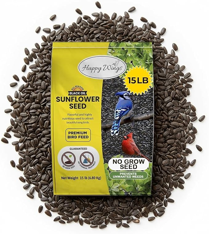 Happy Wings Black Oil Sunflower Seeds Wild Bird Food- 15 Pounds | No Grow Seed | Bird Seed for Wild Birds
