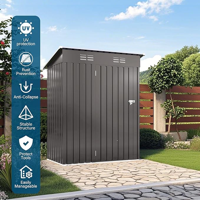 5x3FT Metal Storage Shed Outdoor Garden Tool Shed, Galvanized Steel Compact Weather Resistant Backyard Organizer, Lockable Utility Storage House for Patio Courtyard Equipment Storage Multi Use