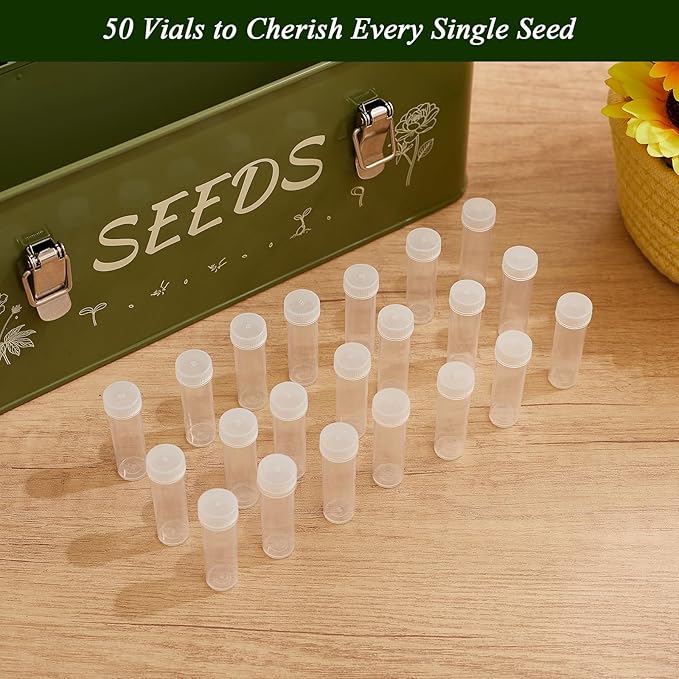 VerdantVibes Metal Seed Storage Organizer Box - Large Galvanized Seed Bin with 50 Vials, 50 Envelopes, Dividers & Labels - Complete Seed Saving Container & Gardening Gifts for Women Men