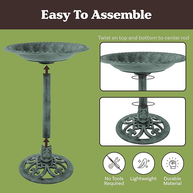 Pure Garden 50-LG1072 Antique Bird Bath-Weather Resistant Resin Birdbath with Vintage Scroll Design, 3 Ground Stakes for Garden,Outdoor Decor (Patina Green)