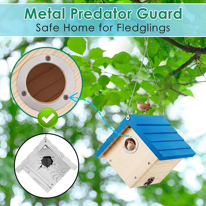 Dreyoo 2 Pack Wren House, 1-1/8'' Entrance Hole Hanging Wooden Wren Bird Houses for Outside with Metal Guard, Air Vents, Pine Wood for Chickadees (Blue,Wood Color)