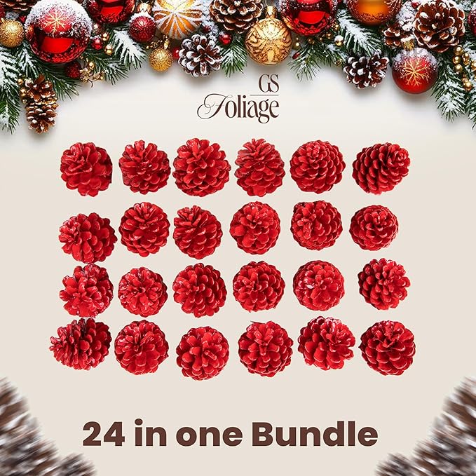 Red Painted Austriaca Pine Cones for Crafts - 2-3 Inch Metallic Pinecones for Christmas Decorating Ornaments Holiday Decor Vase Filler - Rustic Dried Pine Cones - Set of 24 - Red Painted