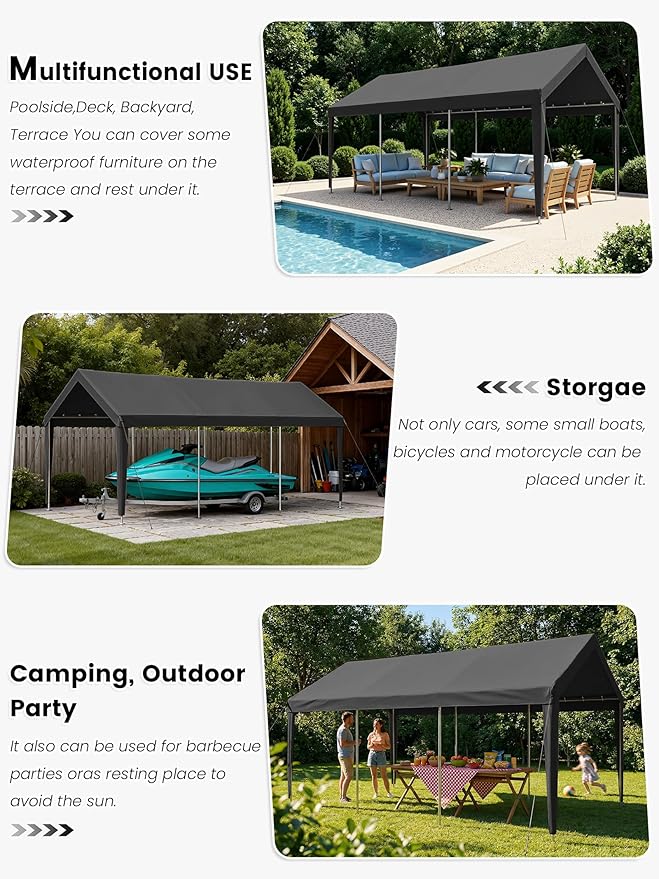 10 x 20 Ft Carport Replacement Cover, Heavy Duty Outdoor Car Tarp Canopy, Waterproof & UV Protected Tear Oxford Tarp with Ball Bungees (Frame is Not Included)