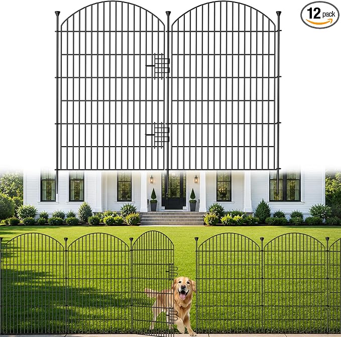 12 Pack No Dig Decorative Garden Fence Panels with Gate, 40in(H) x 29ft(L), Dog Fence Outdoor for Yard, Rustproof Metal Animal Barrier for Rabbits & Flowers, Temporary Fencing for Patio, RV