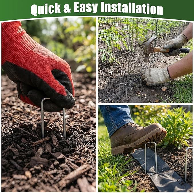 HOOPLE 50 Pack 8 Inch Landscape Staples 11 Gauge Heavy Duty Galvanized Garden Stakes, Sod Pins for Securing Weed Barrier Fabric, Artificial Turf, Drip Irrigation, Lawn Edging & Outdoor Ground Cover