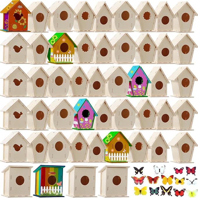 Kisston 272 Pcs DIY Birdhouse Kits for Kids Ages 5-8, 8-12, 120 Wooden Bird Houses Kit in 6 Shapes and 152 Stereoscopic Butterfly Sticker for Children Craft Class Activity Art DIY Project