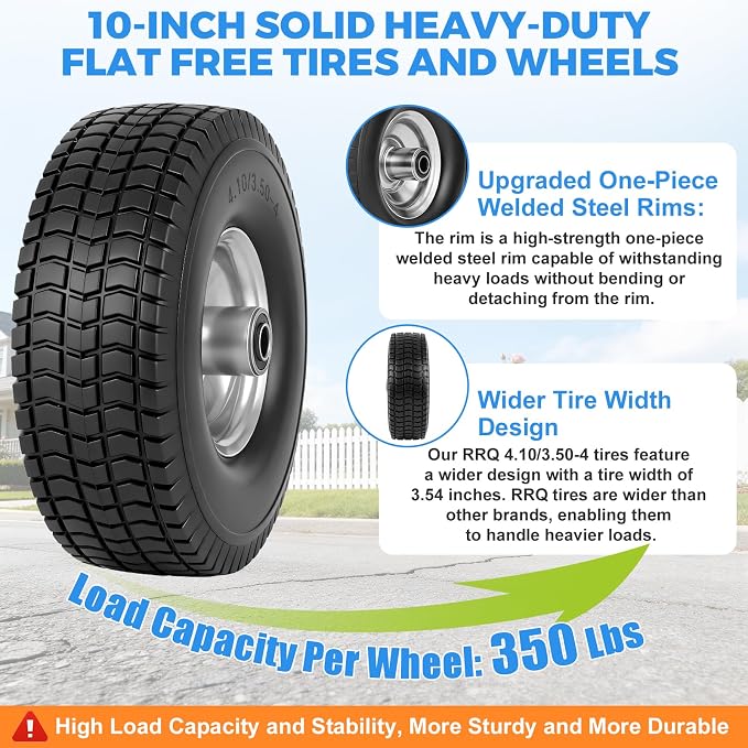 (2-Pack) RRQ 4.10/3.50-4 Flat Free Tire and Wheel, 10" Heavy Duty Solid Tire with 5/8" Bearings, 2.2" Offset Hub, One-Piece Welded Rims, Turf Tread, for Hand Truck, Dolly, Garden Cart, Wagon and More