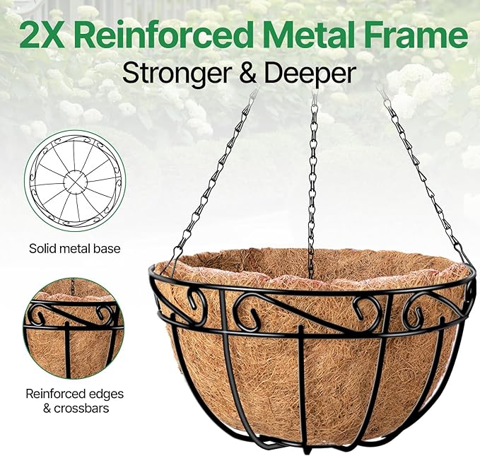 AMAGABELI GARDEN & HOME 4 Pack 12 Inch Metal Plant Hanging Baskets Planter Flower Pots Outdoor Indoor Wire Hanging Basket for Vegetable with Coco Fiber Liners for Garden Home Porch Decor