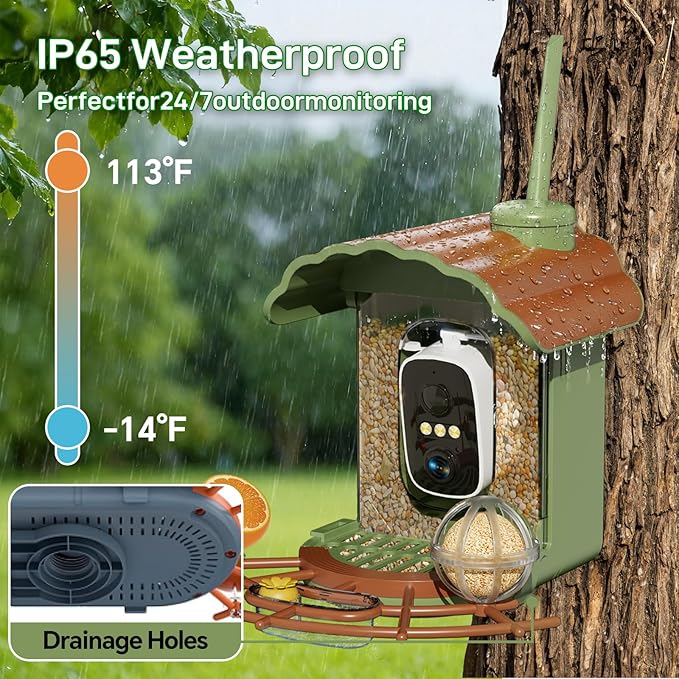 Smart Bird Feeder with Camera: Hummingbird Feeder with Solar Powered for Outdoors, Bird House with 2K HD Video & AI Bird Species Identification, Arrival Alerts, Gift for BirdLovers - Green