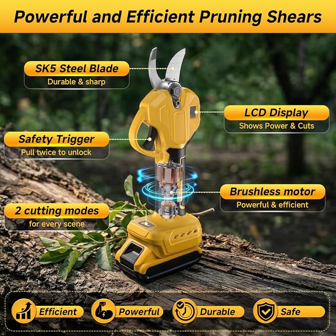 2-in-1 Electric Pruning Shears with Extension Pole Compatible with Dewalt 20V Max Battery(No Battery), Cordless Power Pruner with 15 FT Reach, 1.2" Cutting Diameter, LCD Display for Tree Trimming