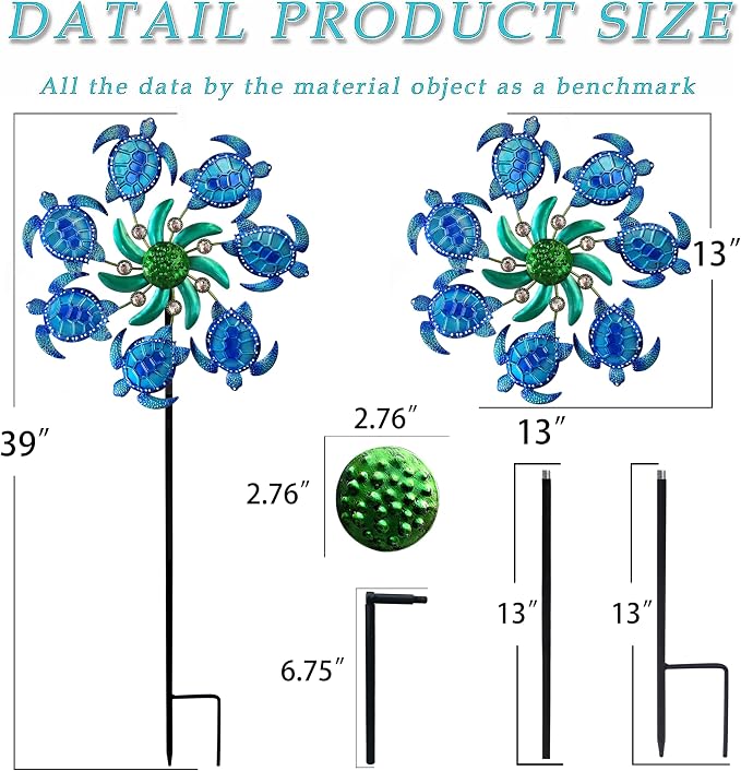 COOZZYHOUR 39" Sea Turtle Wind Spinners Metal Garden Stake-Outdoor Ocean Theme Wind Spinners -Wind Sculpture Yard Art Decorations for Patio,Lawn & Garden Decor-Blue