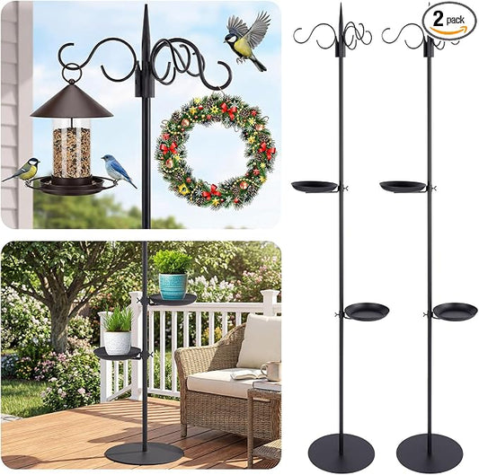 2 Sets 75.9" Shepherd's Hook Stand for Hanging Plant, Bird Feeder, Waterproof Metal & Adjustable Standing Pole Holder for Indoor Outdoor, with 2 Rotatable Rack & Weight Bag (3 Hooks)