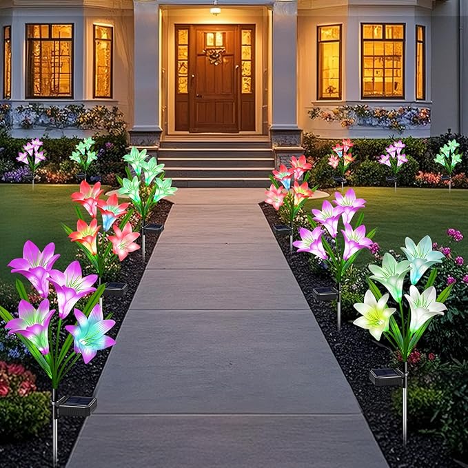 ostritec Solar Lights Outdoor Waterproof, 4 Pack Garden Decor Lights, 16 Multi-Color Changing Lily Solar Flowers for Yard Patio Pathway Decor, Gifts for Women Mom (4 Pack)