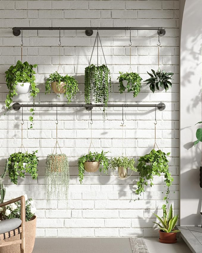 SOFITORG Plant Haning Rod, 2 Pack Hanging Planters for Indoor Plants with 6 Chains, Wall Plant Hanging Bar for Window Celling, 65.7 Inch, Metal Black, Pots Not Included