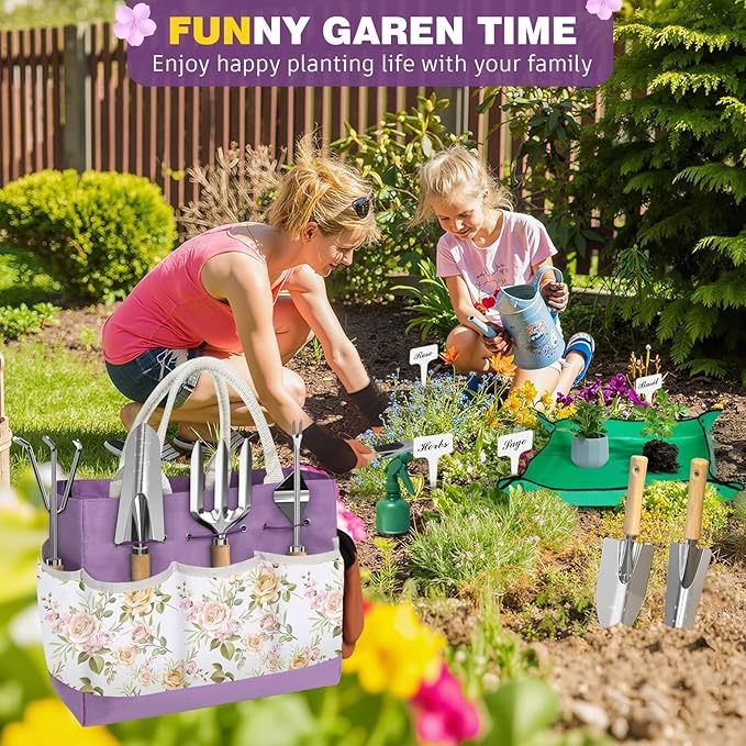 22Pcs Gardening Tools Set for Women Heavy Duty Garden Hand Tool Kit,Gifts for Mothers Day Mom Beginner Gardening Accessories with Large Tote Bag/Shovel/Repotting Mat/Plant Labels/Gloves-Purple