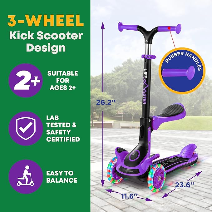 3 Wheel Scooter for Kids with Foldable Seat, Adjustable Handlebar Height, Lean-to-Steer Ride On Toy for Kids Ages 2+, Light-Up LED Wheels, Wide Anti Slip Deck, Indoor & Outdoor Use