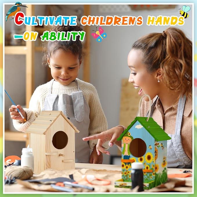 Liliful 1 Pack Wooden Birdhouse Kit for Kids and Adults, DIY Painting Set & Real Outdoor Birdhouse, Durable Craft for Garden, Classroom, Birthday Gifts Ages 3-5 4-8 8-12