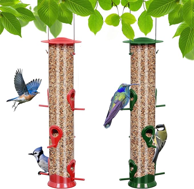 2 Packs Bird Feeder Tube Hanging Feeders, 6 Port Wild Bird Feeders Premium Hard Plastic with Steel Hanger Weatherproof and Water Resistant Great for Attracting Birds 18.2 Inches Large (Red + Green)