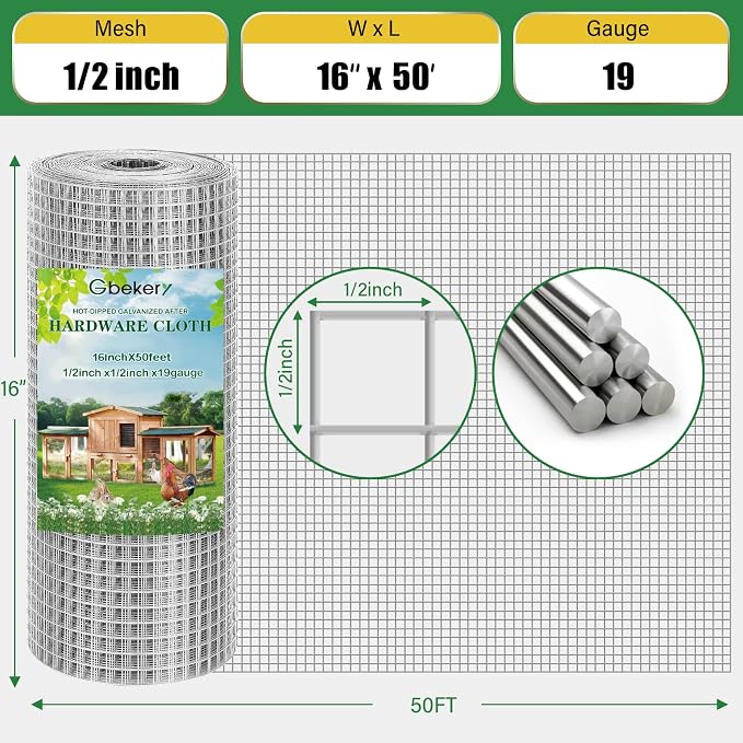 Gbekery Hardware Cloth 1/2 inch 16in x 50ft 19 Gauge, Hot-dip Galvanized After Welding Chicken Wire Mesh Roll Garden Plant Welded Metal Wire Fencing Roll, Rabbit Cages Snake Fence