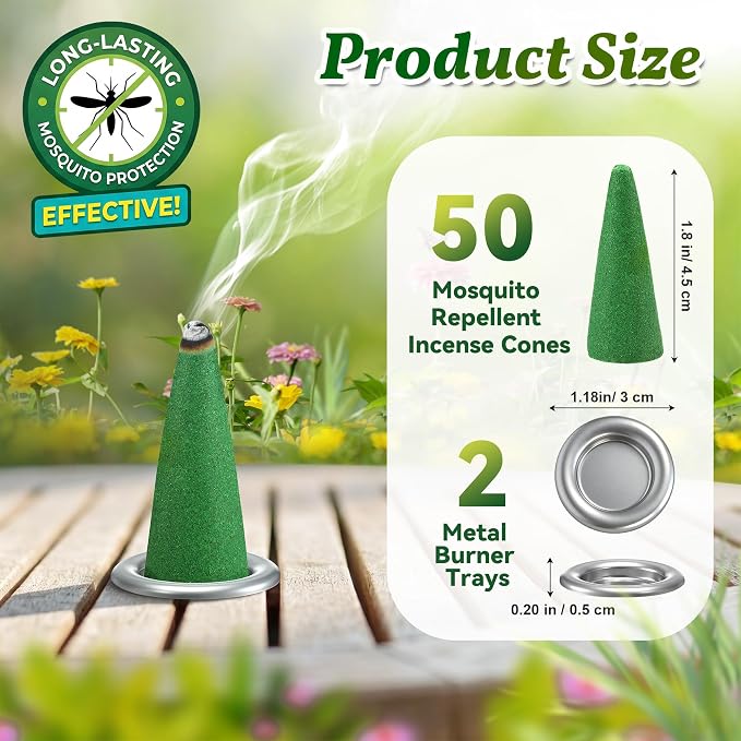 50 Pcs Mosquito Repellent Incense Cones with 2 Metal Dishes, Natural Citronella Incense Cone for Outdoor & Indoor, Suitable for Camping, Hiking, Patio, Poolside, Living Room