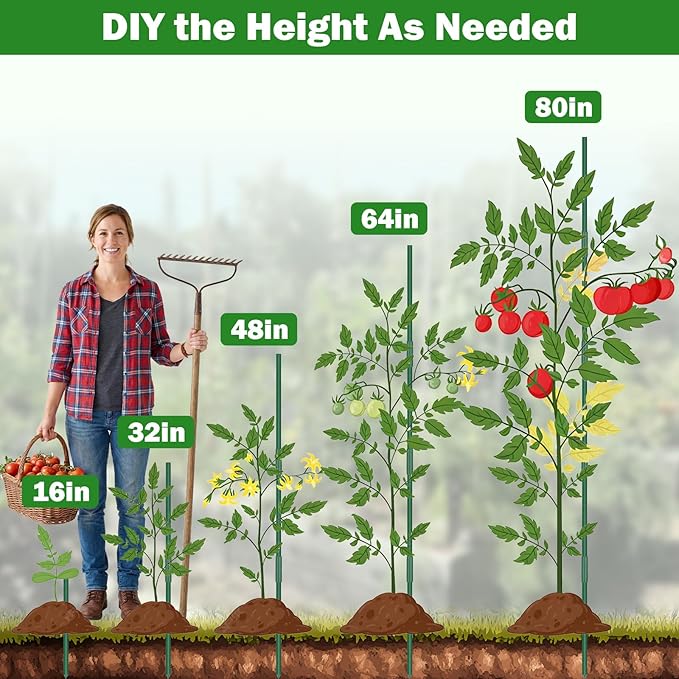 Garden Stakes 70 Pack, 16 Inch Plastic Coated Metal Tomato Stakes, DIY 4ft 5ft 6ft 7ft Plant Support Stakes with 40 Connectors 30 Rotatable Clips 30 Plant Clips for Indoor Outdoor Vegetables