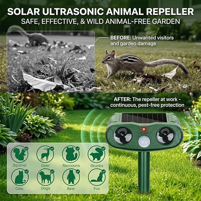 Ultrasonic Animal Repellent Outdoor Cat Deer Repellent Devices, Solar Animal Repeller Motion Detection, Cat Repeller Outdoor to Scare Squirrel Dog Repellent Deterrent for Yard (4Pack) (4)