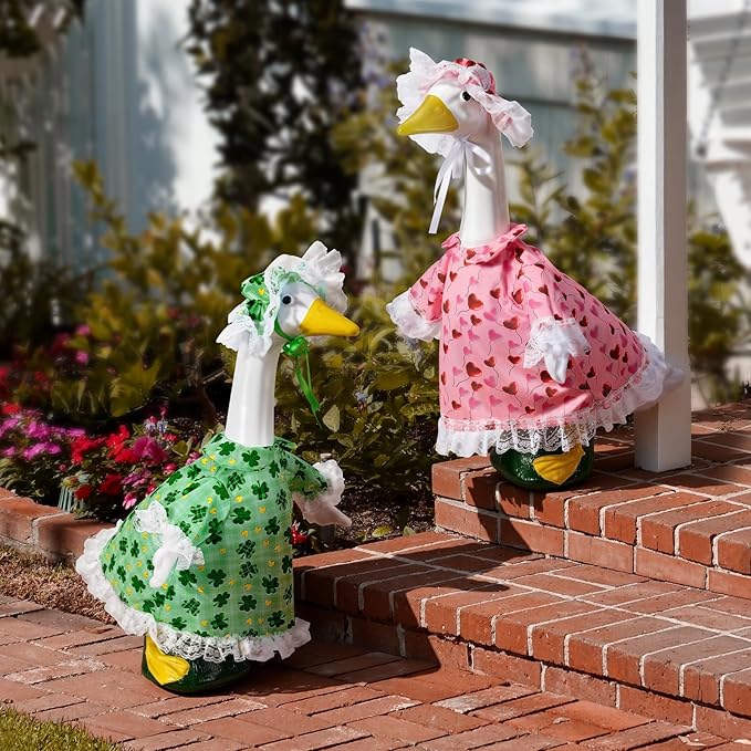 2 Sets Holiday Porch Goose Outfits for Valentine and St. Patrick,23" Porch Goose Clothes for Patio Yard Lawn Decor