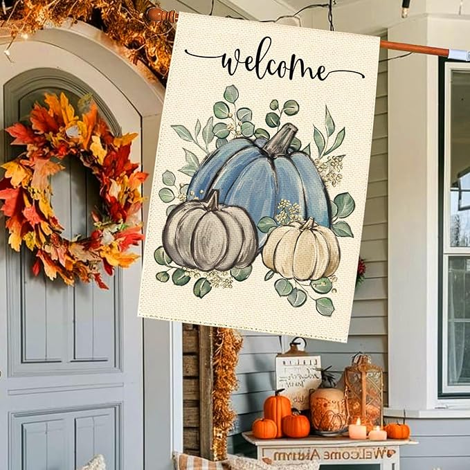 Fall Thanksgiving Blue Pumpkin Garden Flag 28 x 40 Inch, Autumn Grateful Eucalyptus Burlap Double Sided Welcome Large Flag Yard House Farmhouse Seasonal Holiday Patio Outside Decoration