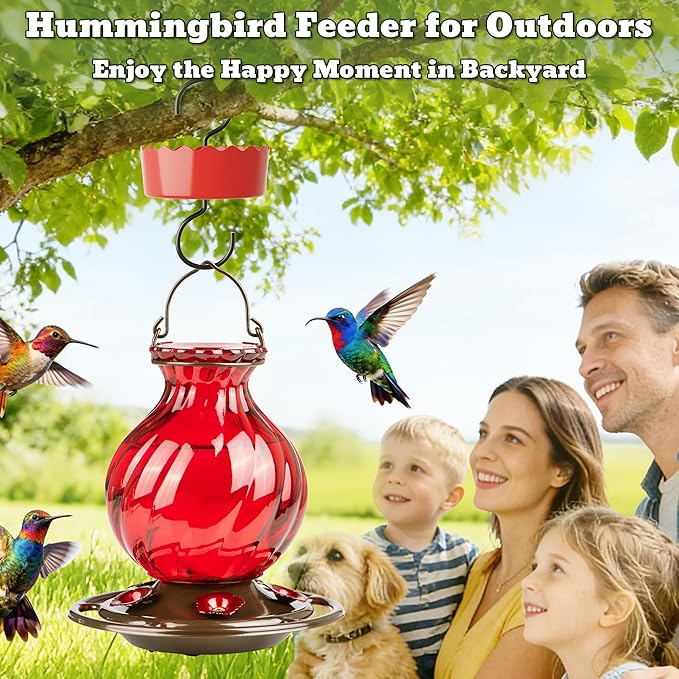 Hummingbird Feeder, Auslar 26 Ounces Glass Hummingbird Feeders for Outdoors Hanging Ant and Bee Proof, Ant Moat & 5 Flower Feeding Ports, Rustproof, Leakproof, Netted Flower Bud Shape Bottle, Red