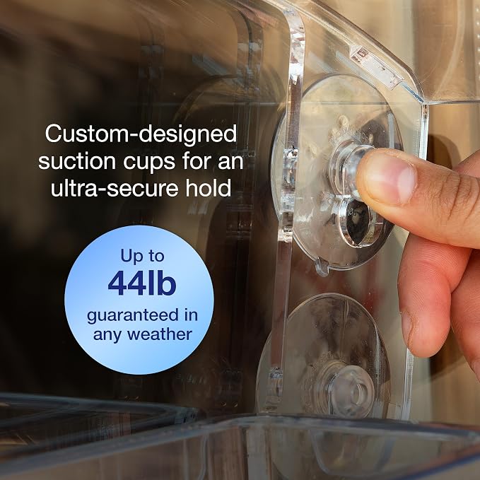 Transparent Acrylic Bird House with Sliding Tray - Jacobi Jayne® Sky Deck™ Window Feeder - Strong Suction Cups Secure This Clear Design for Close-up Bird Watching from Your Home.