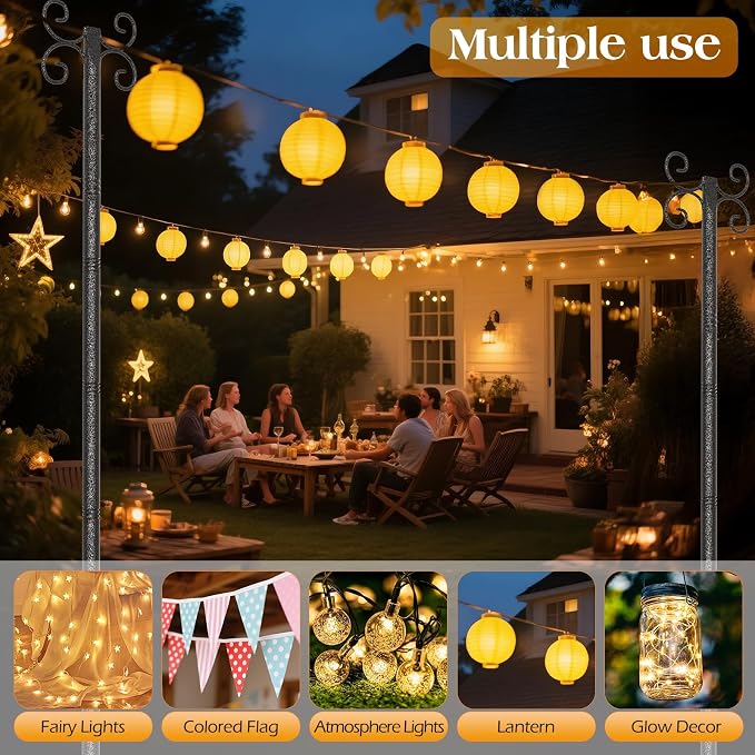 2 Pack Outdoor String Light Poles, 3M/10FT Adjustable Height Metal Lights Hanging Pole with 4 Hooks and Rustproof, for Patio Garden Deck Backyard Lawn Sunshade and Decor