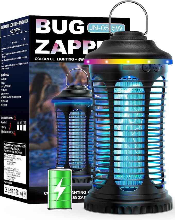 Rechargeable Bug Zapper Outdoor Indoor, Mosquito Zapper Cordless with 4000mAh Battery, RGB Light, USB-C Charging, 1/2 Acre Coverage, IPX4 Waterproof, Portable Fly Zapper for Camping, Patio, Garage