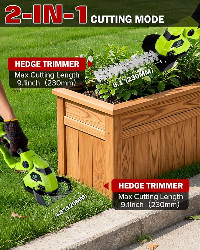 Cordless Hedge Trimmer，2-in-1 Bush Trimmer，Cordless Grass Shear & Shrubbery Trimmer with Dual-Action Blade Cutting Capacity,Hedge Shear with 2 PCS Rechargeable Battery and Charger for Garden,Lawn.