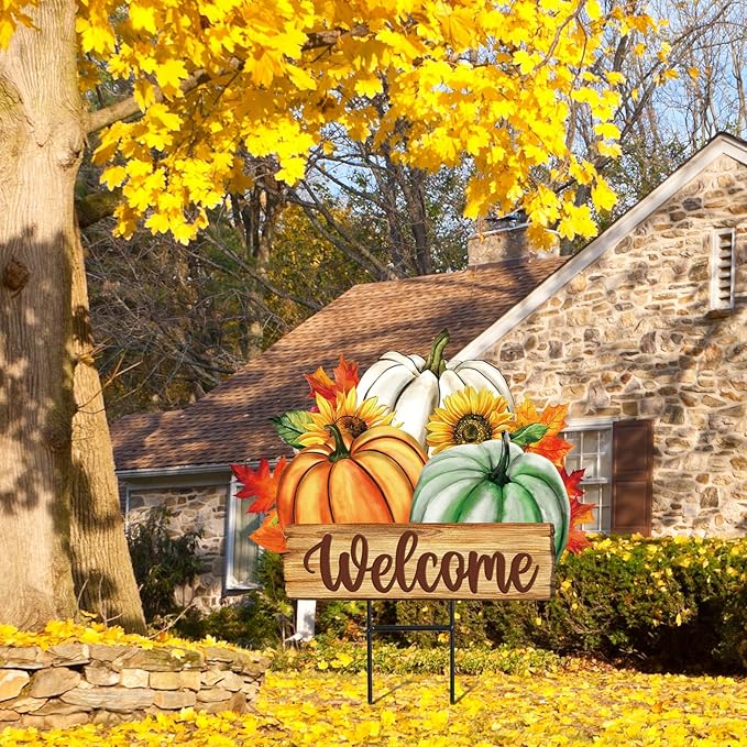 JarThenaAMCS Fall Pumpkin Metal Garden Stakes Green Orange White Pumpkin Decorative Lawn Sign Autumn Harvest Welcome Yard Sign for Thanksgiving Home Outside Lawn Porch Decor