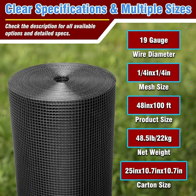 Black Hardware Cloth 1/4inx48inx100ft, 22GA, Chicken Wire Fencing Roll, Black Chicken Wire Mesh, Vinyl PVC Coated Welded Wire Mesh for Chicken Coop Barrier, Rabbit Snake Poultry Fences