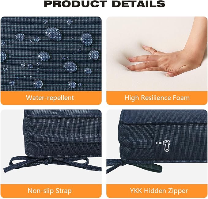 Unimatta Square Corner Seat Cushions, 19" x 19" x 3", Set of 4, Indoor Outdoor Water Repellent Universal Chair Pads with Ties for Patio Furniture, Garden Dining Chairs, Dark Blue Linen