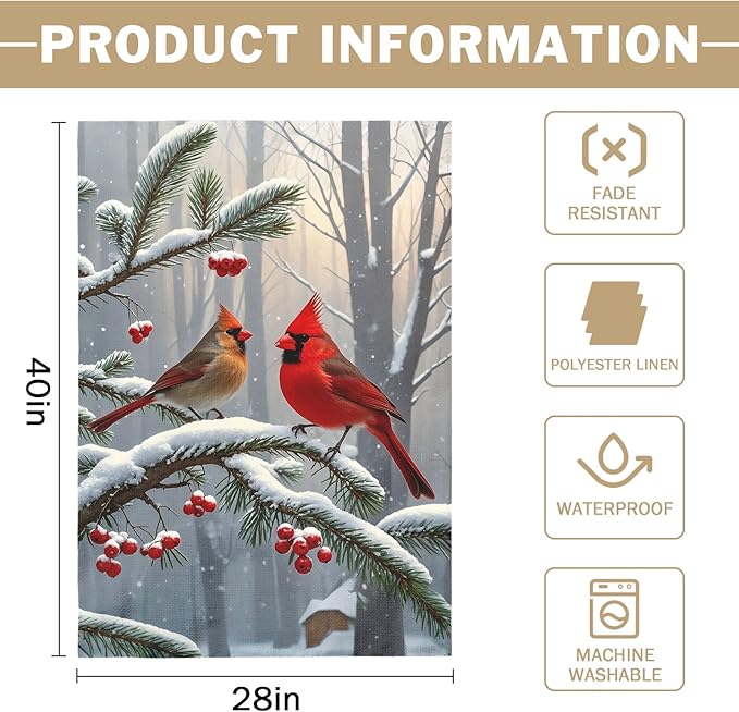 Winter Cardinal Bird House Flag 28x40 Inch Red Brown Birds Christmas Holiday Seasonal Theme Decorative Garden Flags for Outside Double Sided Outdoor Home Farmhouse Decoration Porch Yard New Year Decor