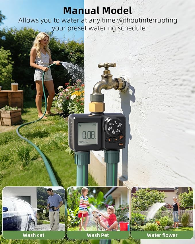Sprinkler Timer 2 Zone,Water Timer for Garden Hose with Lithium Battery ＆ Controller Brass Inlet, Delay/Manual/Automatic Watering Irrigation System for Yard, Lawn,Garden IPX6 Waterproof